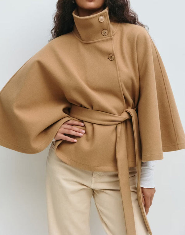Felicia Belted Turtle-Neck Cape Jacket